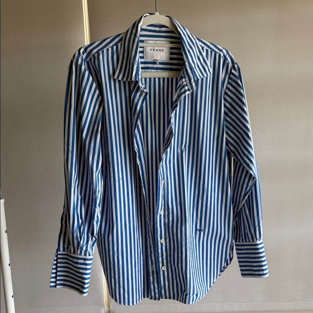Frame Denim Blue and White Striped Oversized Casual Shirt